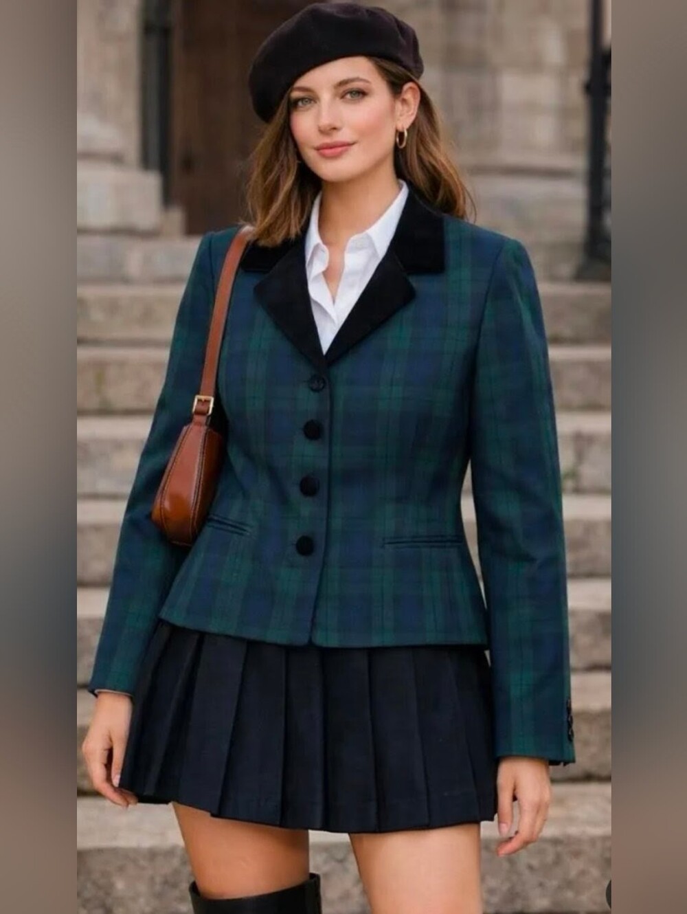 Vintage Laura Ashley Dark Academia Plaid New Wool Blazer w/Black Velvet Collar